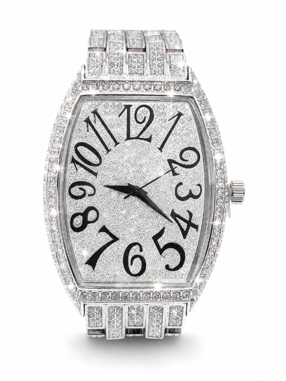 Men’s Iced Out Silver-Tone Crystal Tonneau Watch Hip Hop Bling